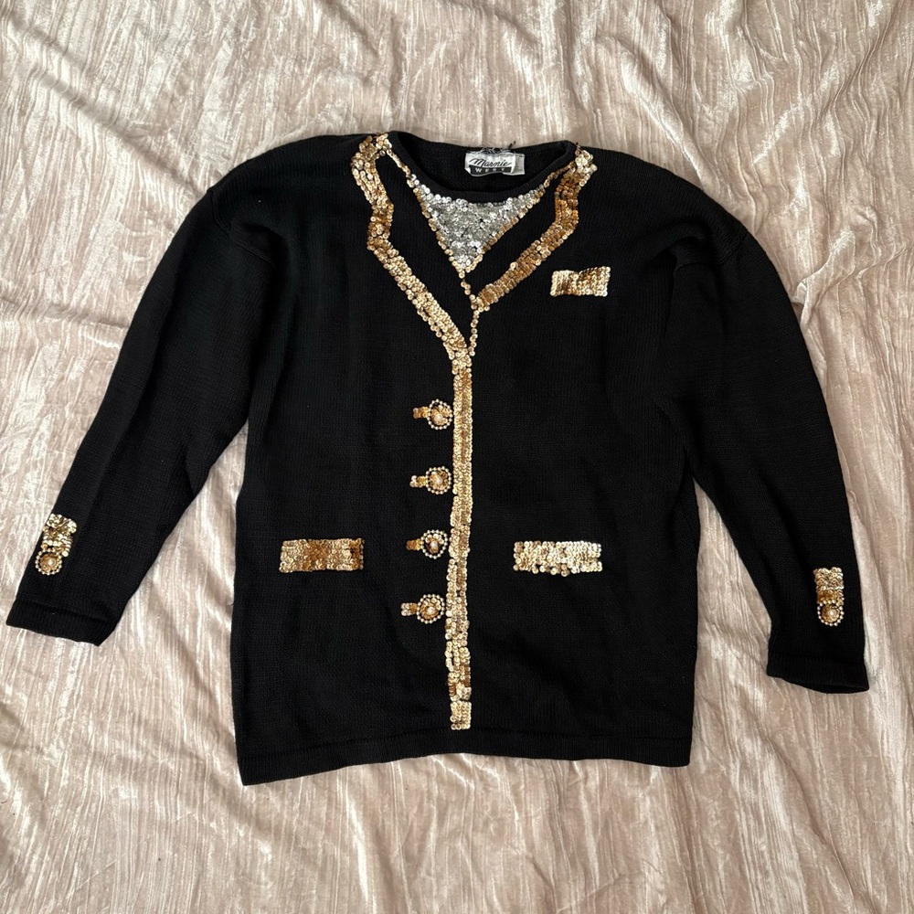 VINTAGE 80s 90s Black Gold Sequin Tux Tuxedo Oversized Cotton Sweater